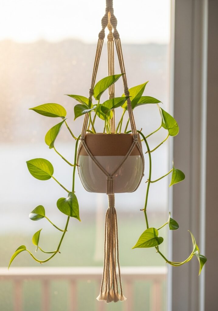 Handmade hanging air dry clay planter with pothos plant and macrame cord