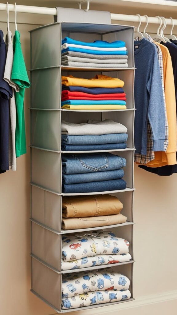 Dollar store hanging closet organizer creating shelves for folded kids clothes