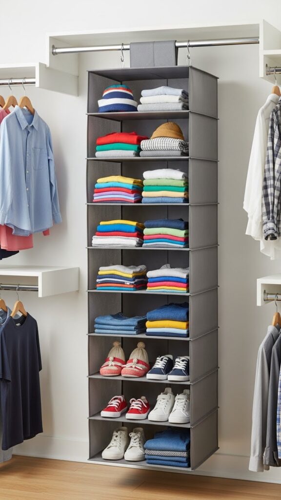 Hanging fabric closet organizer in apartment adding vertical storage shelves without permanent installation