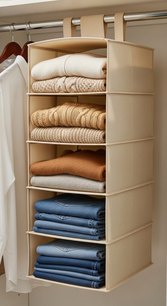 Hanging fabric organizer with shelves storing folded sweaters vertically