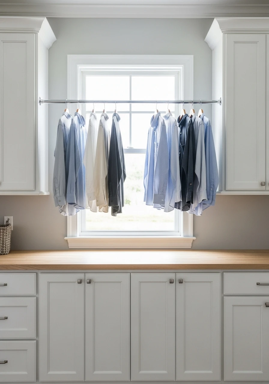 Chrome hanging rod with air-drying clothes above counter