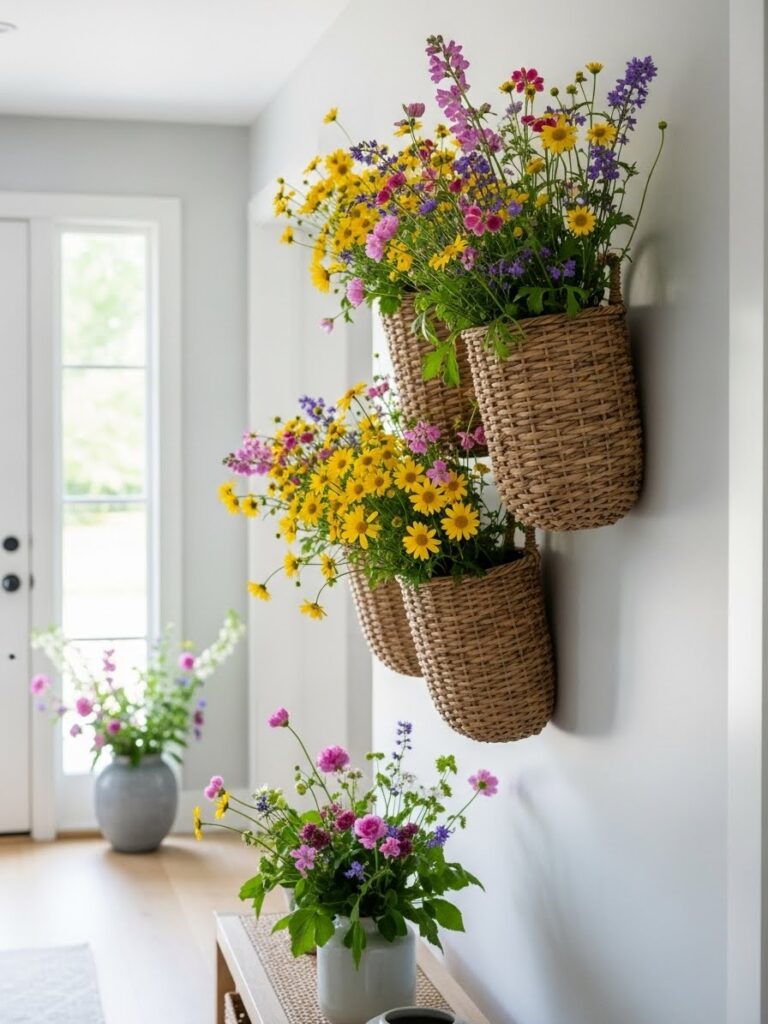 Hanging wall baskets filled with colorful wildflowers creating cheerful spring entryway decor indoors