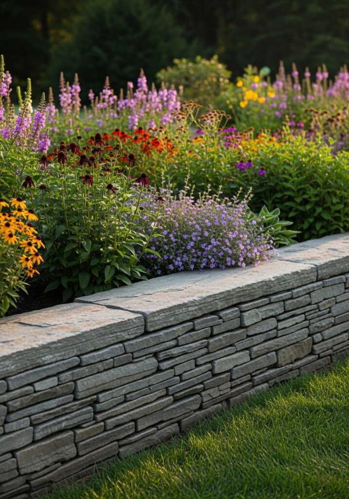 Traditional hedge stone border creating low retaining wall for garden bed