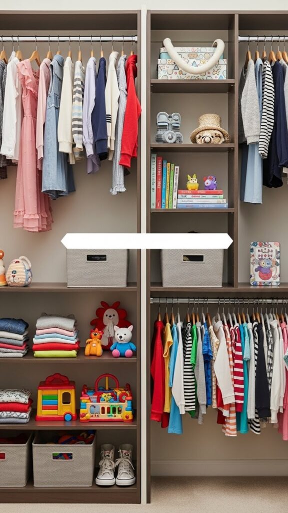 Closet shelves divided by height with lower shelves for younger child and higher shelves for older sibling