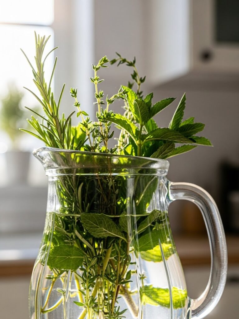 Close-up of fresh herbs in a glass pitcher for spring home decor