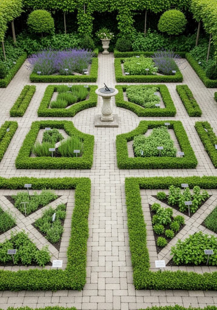 Formal herb garden design with geometric beds and brick paths

