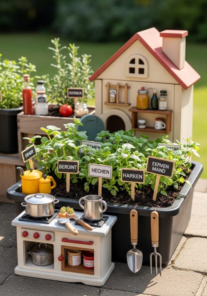 Fairy garden with miniature kitchen and edible herb plants