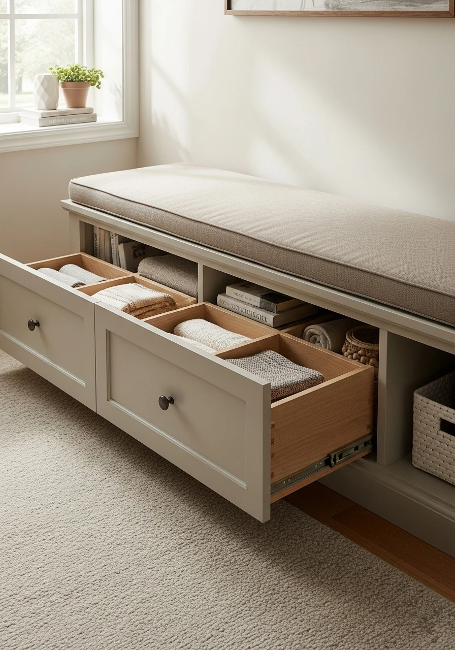 Entryway bench with hidden drawer storage underneath