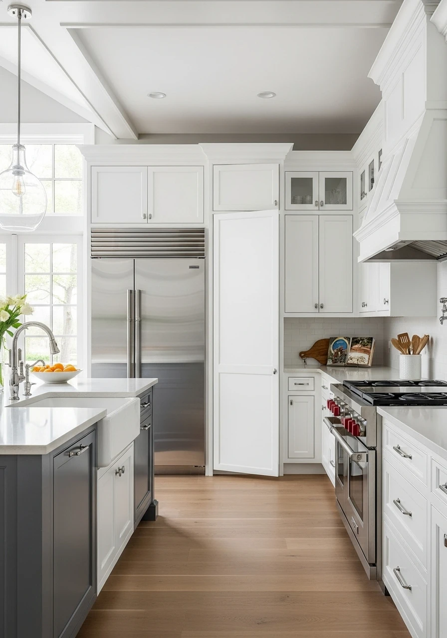 Hidden pantry door designed to blend seamlessly with white kitchen cabinets