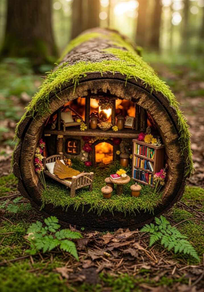 Hollow log fairy hotel with multiple rooms visible through opening