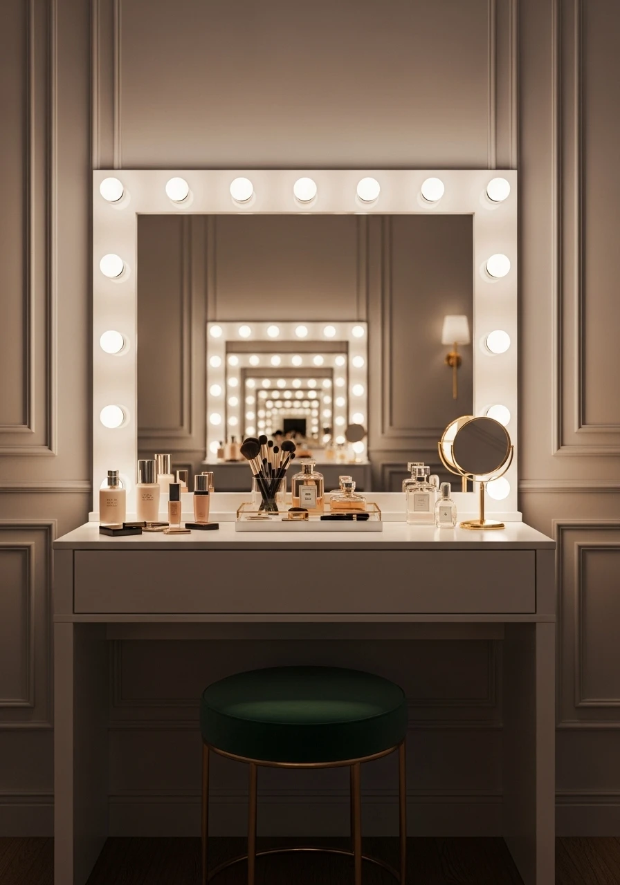 Hollywood-style vanity with lighted mirror and round bulbs for makeup application