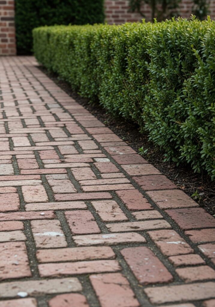 Brick border laid in basket weave pattern creating traditional formal garden edge