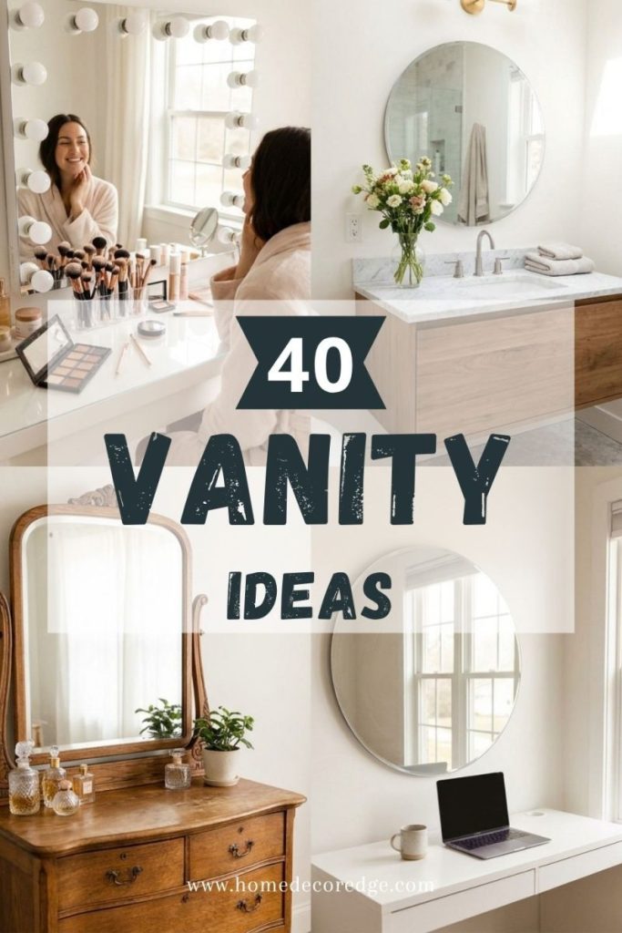 Four beautiful vanity ideas including Hollywood mirror floating bathroom vintage dresser and minimalist white setup