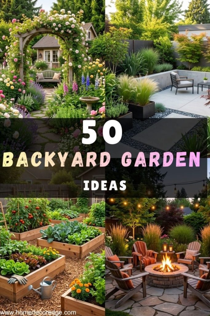 50 backyard garden ideas including cottage garden paradise modern minimalist design raised vegetable beds and fire pit gathering space