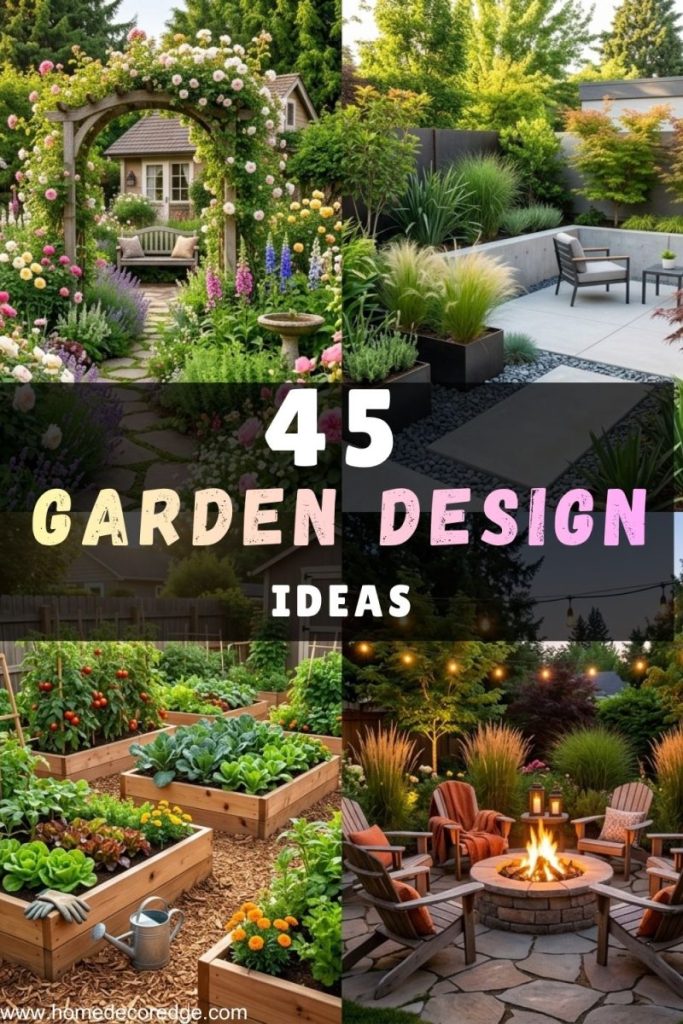 45 garden design ideas including curved pathway cottage garden modern minimalist design Japanese zen garden and raised bed vegetable garden layout