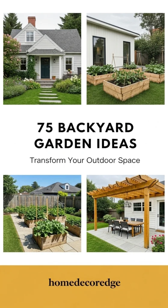 Beautiful backyard garden with colorful flower beds, stone pathway, and outdoor seating area