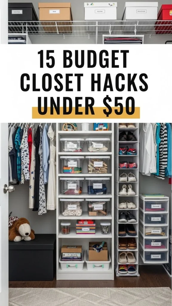 Budget-friendly kids closet organization hacks hook image with HomeDecorEdge branding