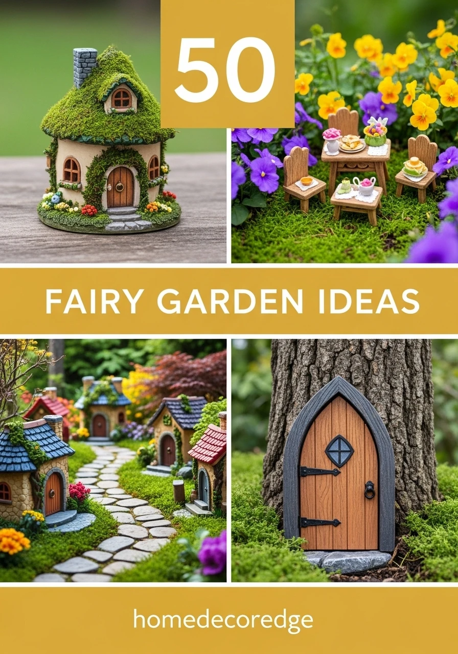 File Name: fairy-garden-ideas-magical-outdoor-spaces.jpg
Alt Text: Whimsical fairy garden with miniature houses and enchanted pathways in backyard setting

January 31, 2026 by Home Decor Edge Team
Creating a fairy garden brings pure magic into your outdoor space. These miniature wonderlands transform ordinary gardens into enchanted realms filled with tiny houses, winding pathways, and hidden surprises. Whether you're working with a small container or an entire garden bed, fairy gardens let your imagination run wild while adding charm to your landscape.
[Hook Image Here]
Image Prompt: Vertical 9:16 collage featuring four vibrant fairy garden scenes—top left shows miniature fairy house with moss roof, top right displays tiny furniture set among flowers, bottom left features stone pathway through miniature village, bottom right shows fairy door against tree trunk. Large "50" in white text with golden mustard yellow stroke (196, 146, 30) at top center. Below number, bold white text reading "FAIRY GARDEN IDEAS" with golden outline, split into two lines. Bottom center shows "homedecoredge" in white text on rounded golden mustard yellow rectangle background. All images crystal clear, professionally photographed, vibrant colors, 1000x1778px dimensions.
File Name: homedecoredge-fairy-garden-ideas-hook-image.jpg
Alt Text: 50 fairy garden ideas hook image with HomeDecorEdge branding