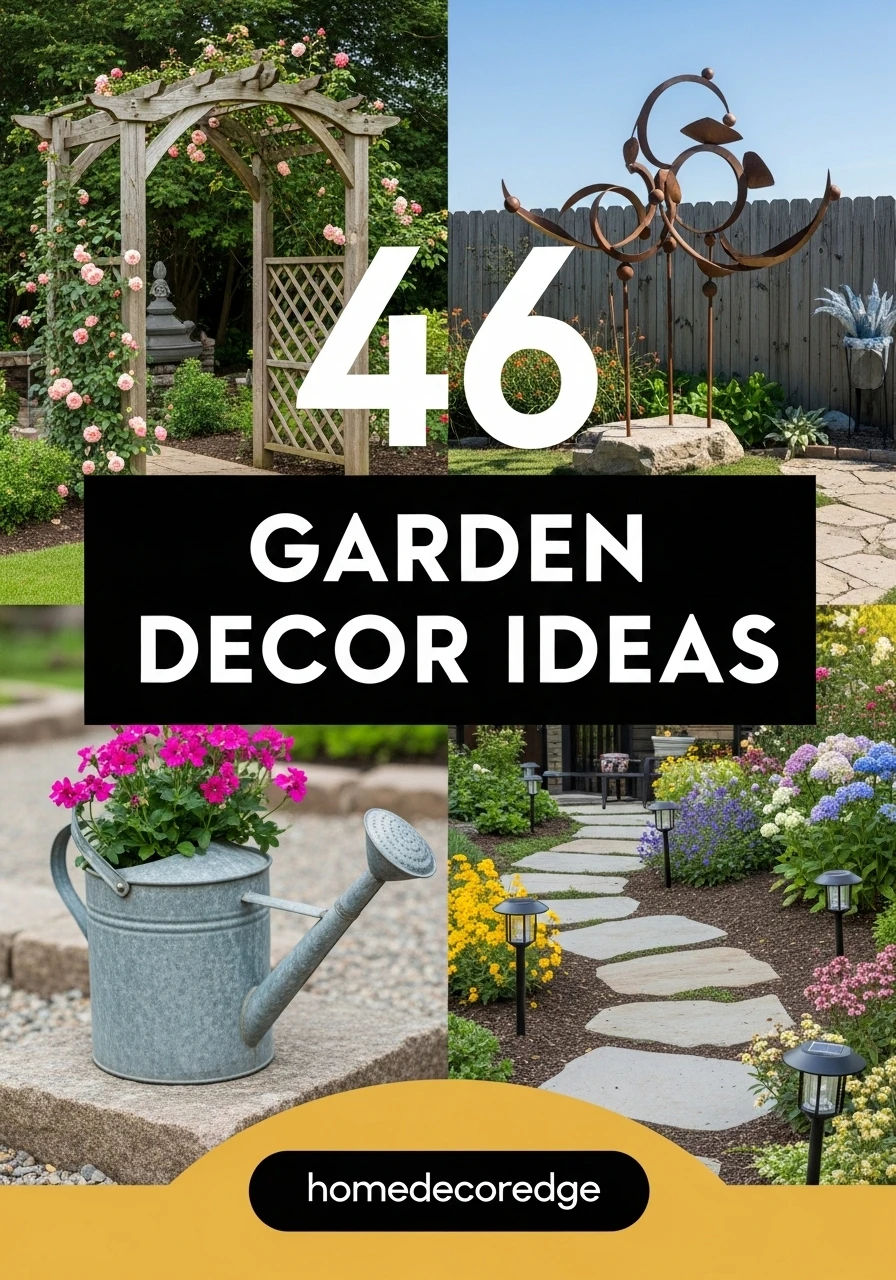 46 garden decor ideas hook image with HomeDecorEdge branding
