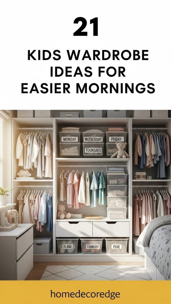 Kids wardrobe organization for daily routines hook image with HomeDecorEdge branding