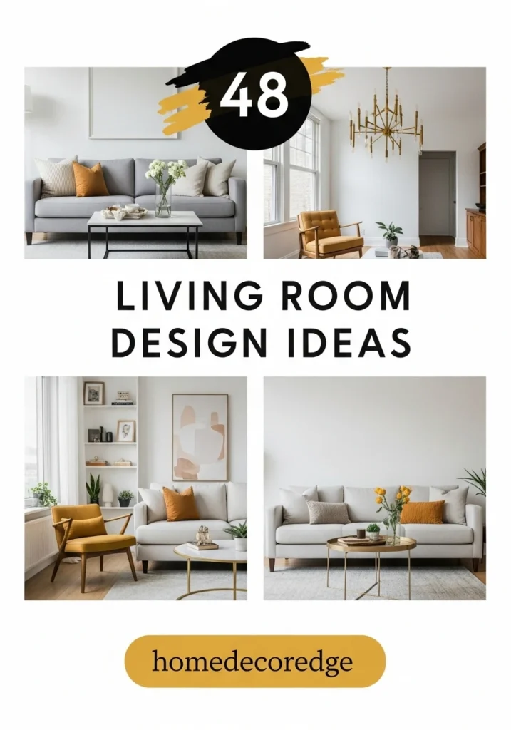 48 living room design ideas hook image with HomeDecorEdge branding