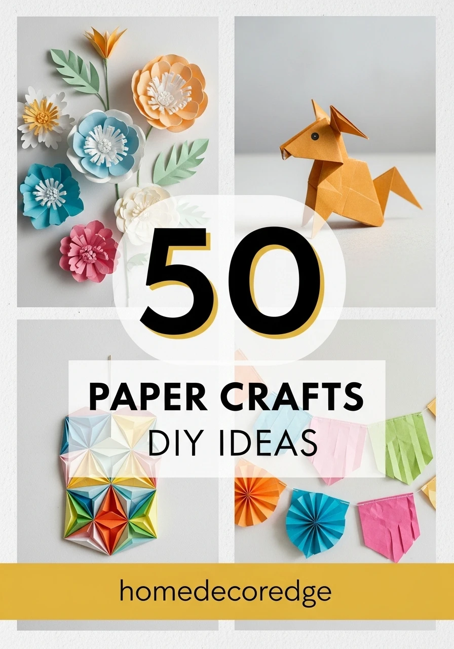 50 paper crafts DIY ideas hook image with HomeDecorEdge branding