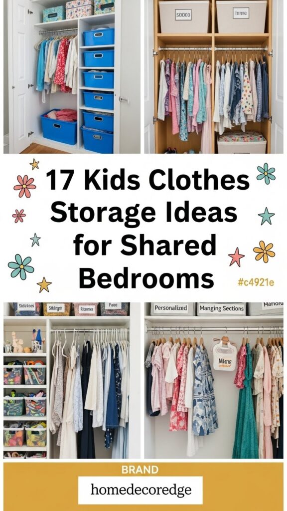 HomeDecorEdge Pinterest pin showing 17 kids clothes storage ideas for shared bedrooms with fair division and organization