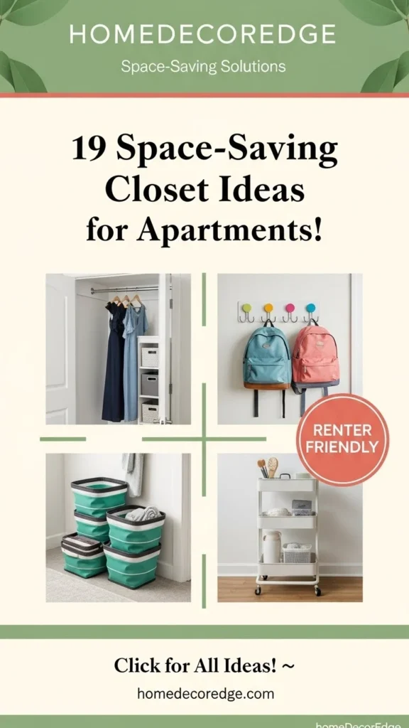 HomeDecorEdge Pinterest pin showing 19 space-saving kids closet storage ideas for apartments with sage green branding
