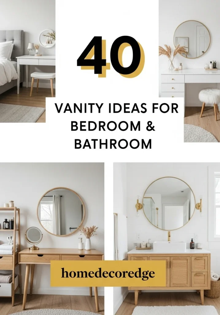 40 vanity ideas for bedroom and bathroom hook image with HomeDecorEdge branding