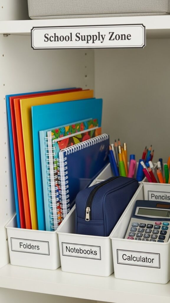 Homework and school supply storage zone in organized student closet