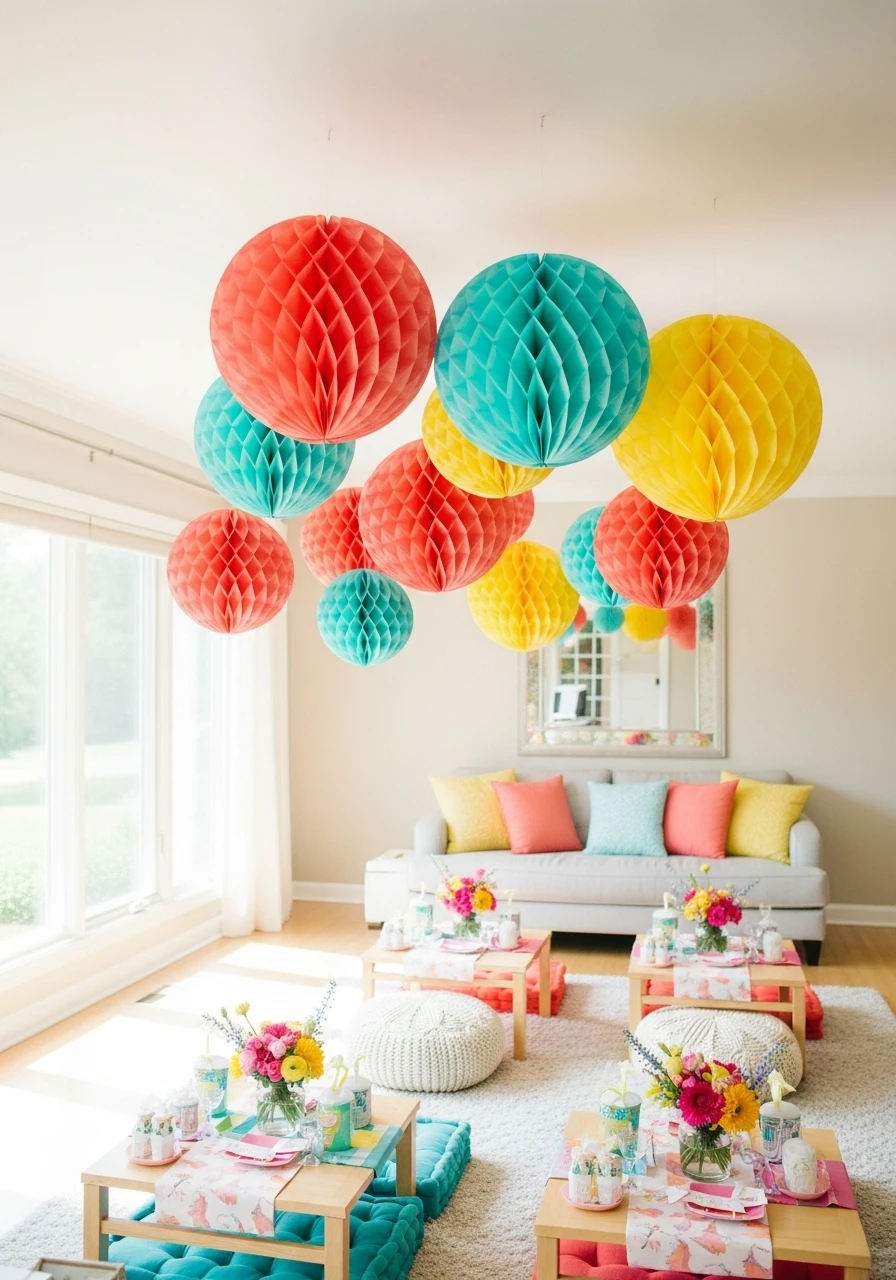 Colorful honeycomb paper balls hanging from ceiling in party room setup