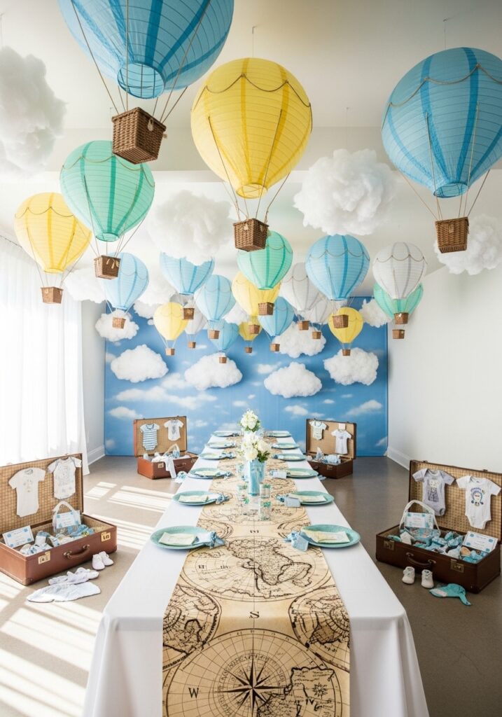 Hot air balloon baby shower with hanging balloon decorations and cloud cutouts