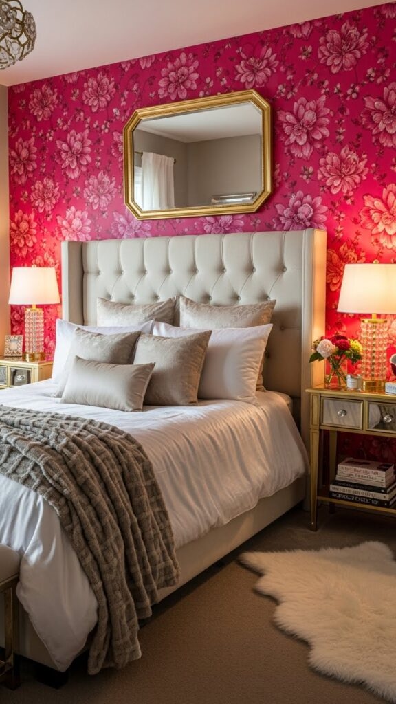 Hot pink oversized floral wallpaper statement accent wall in glamorous bedroom