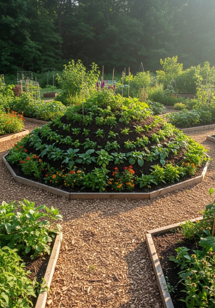Hugelkultur raised mound bed built over buried logs and planted with vegetables