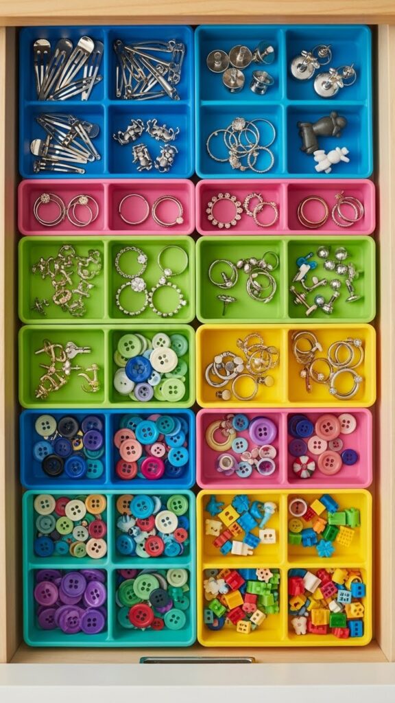 Ice cube trays repurposed as budget-friendly storage for small kids accessories