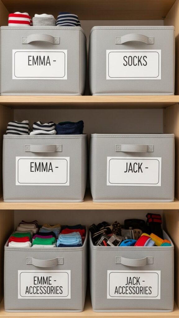 Individual labeled storage bins for each child in shared closet organizing clothes by category and child