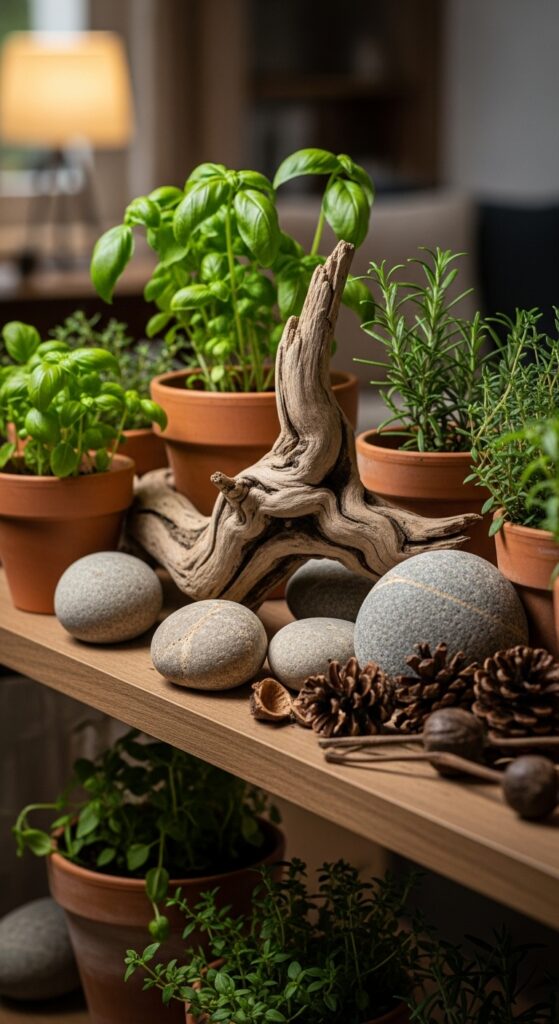  Indoor and outdoor natural elements mixed on shelf creating organic display

