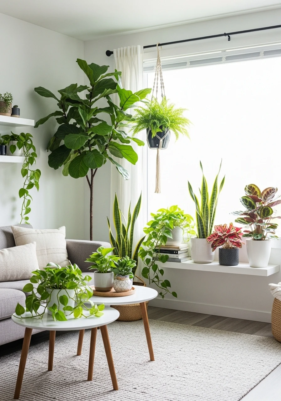 Living room with multiple indoor plants adding life and greenery