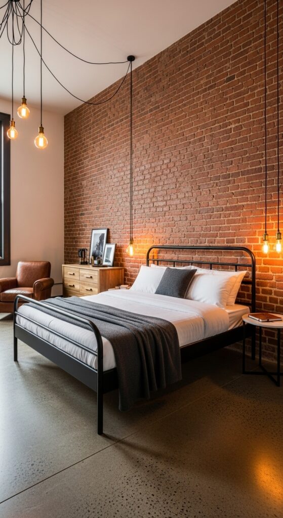 Industrial loft bedroom with exposed brick, metal bed frame, and Edison bulb lighting