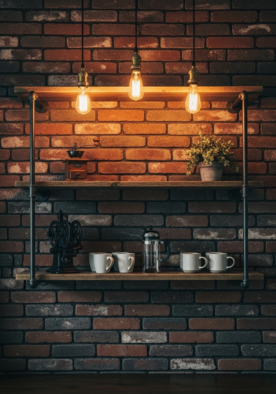  Industrial coffee bar with black pipe shelving, reclaimed wood, and Edison bulb lighting against brick wall