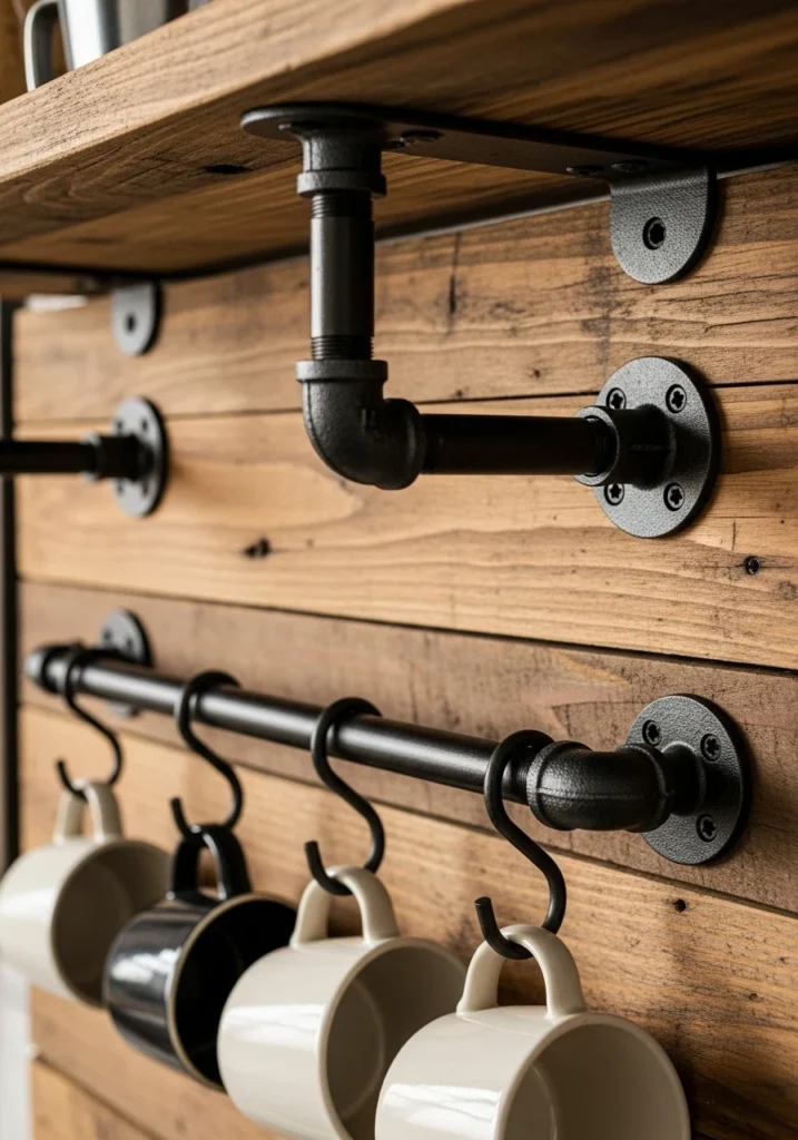  Close-up of industrial black pipe shelf brackets and reclaimed wood texture