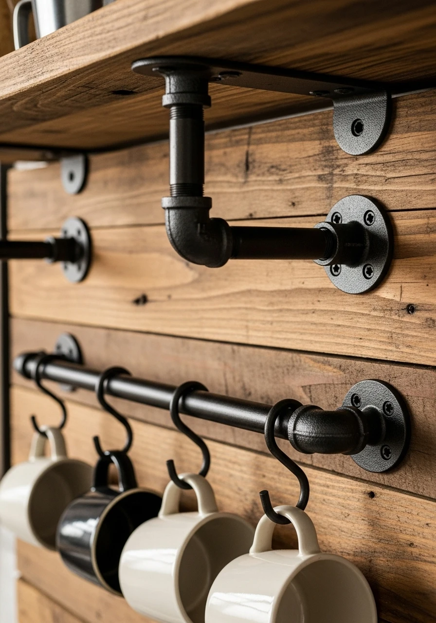  Close-up of industrial black pipe shelf brackets and reclaimed wood texture
