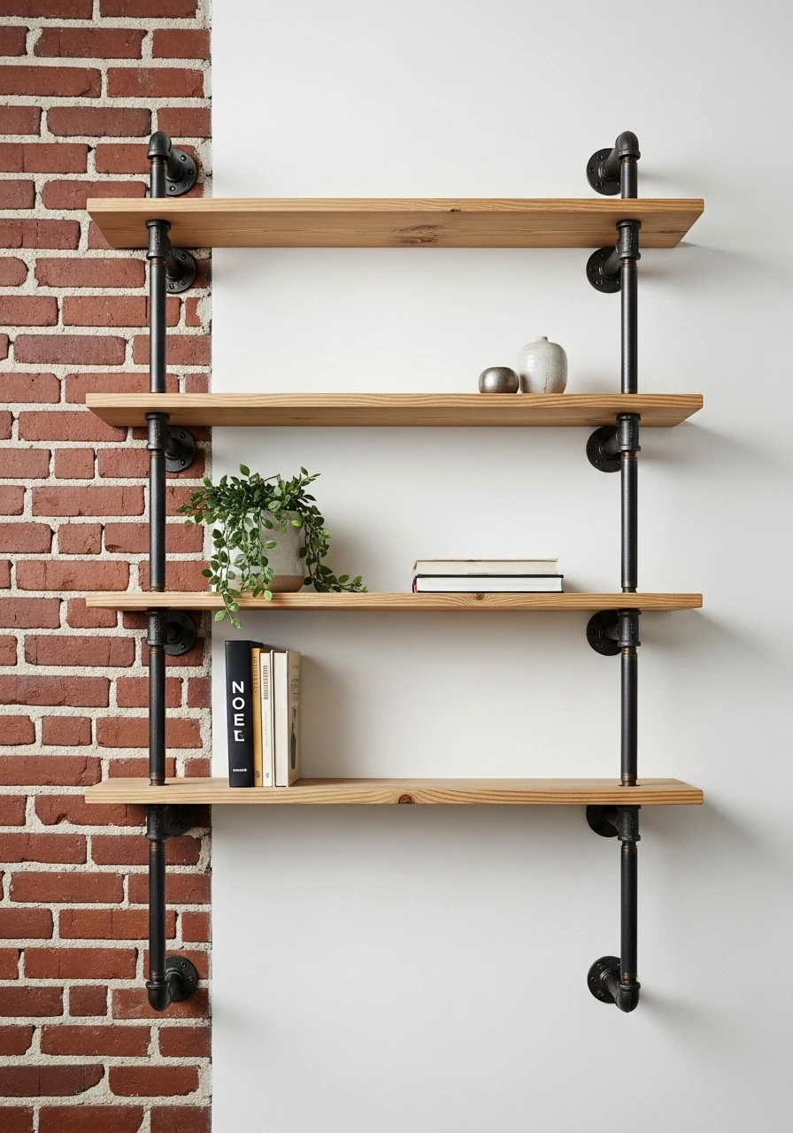 Industrial pipe shelf with wood planks in modern entryway