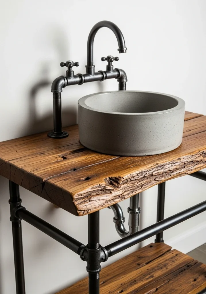 Industrial bathroom vanity with black pipe frame and reclaimed wood top