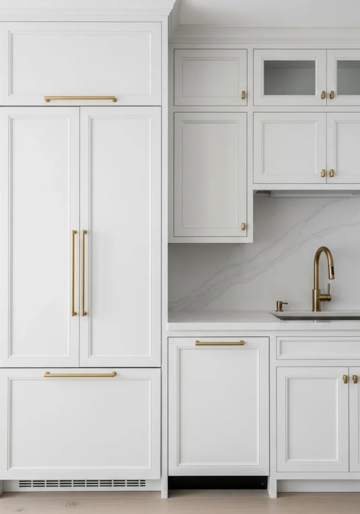 Panel-ready integrated appliances seamlessly blending with white kitchen cabinets