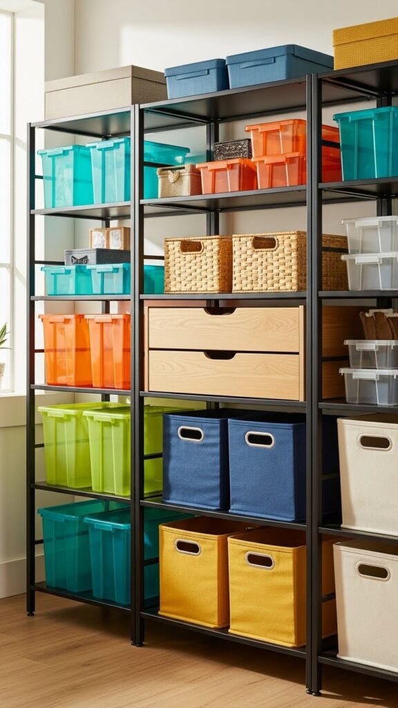 Interchangeable bin and basket system providing flexible modular kids closet storage