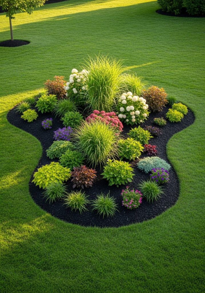  Island garden bed in lawn with graduated plant heights visible from all sides

