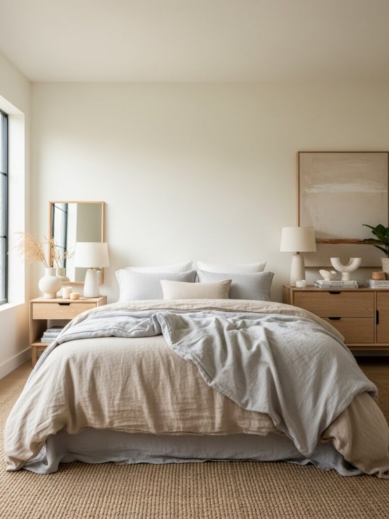 Ivory and linen bedroom color palette with light neutral modern styling