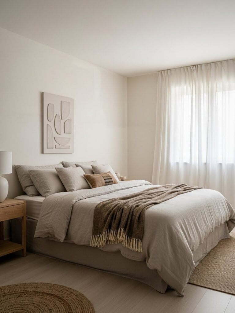 Ivory and linen bedroom color palette with an airy modern full room view