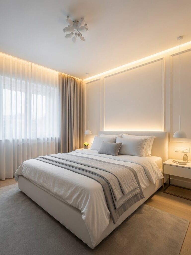 Ivory and soft gray bedroom color palette for small rooms with elegant modern styling